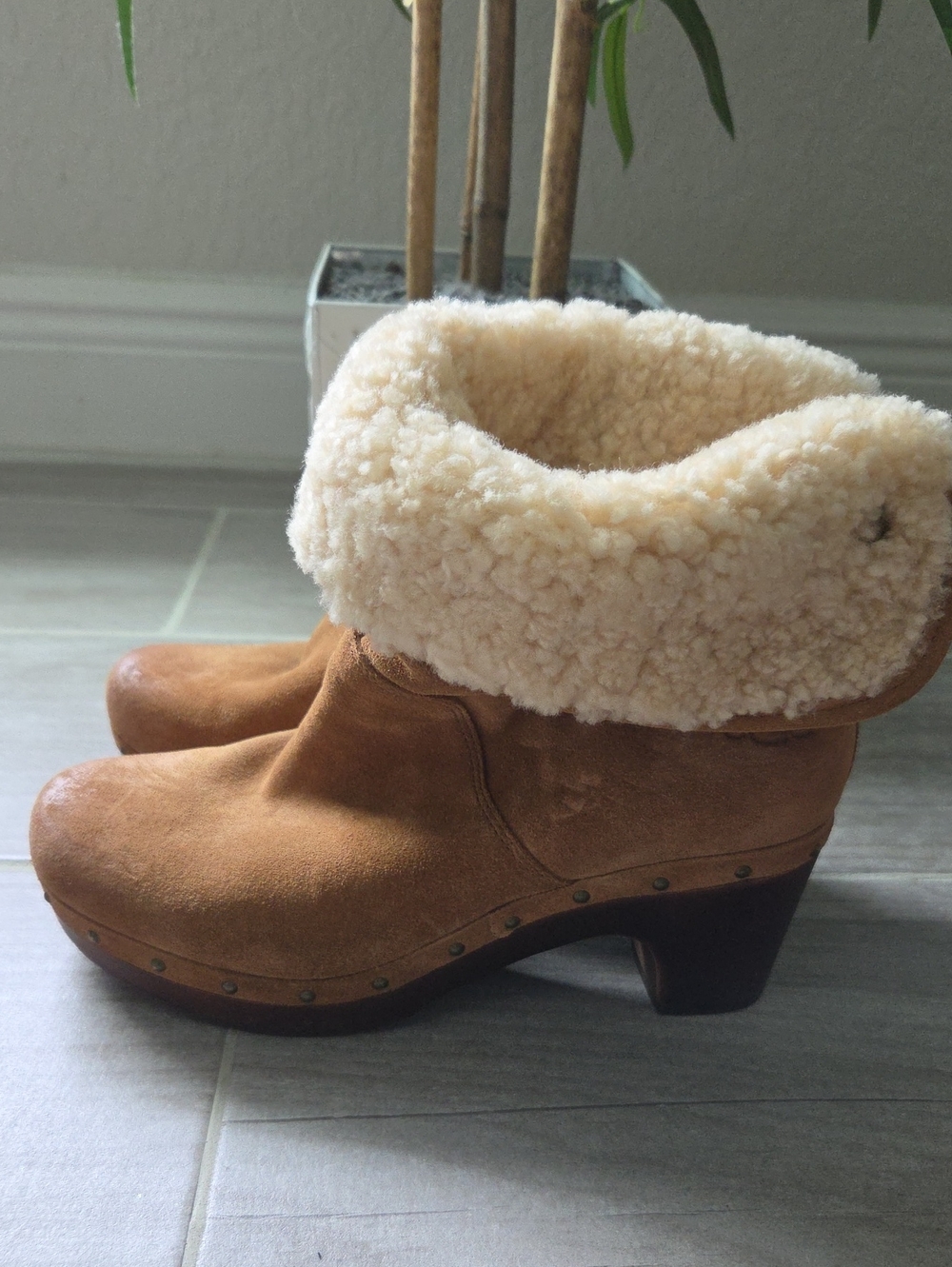 UGG Chestnut Suede Shearling Cuff Heeled Clogs